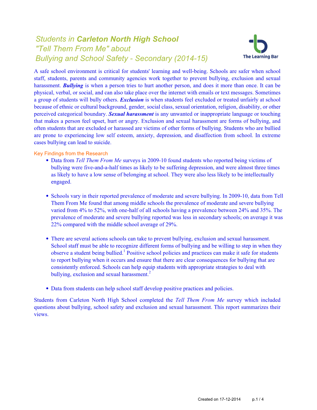 Carleton North High Schoolbullying and School Safety Report12014