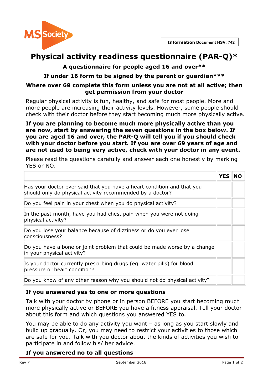 Physical Activity Readiness Questionnaire (PAR-Q)* s1