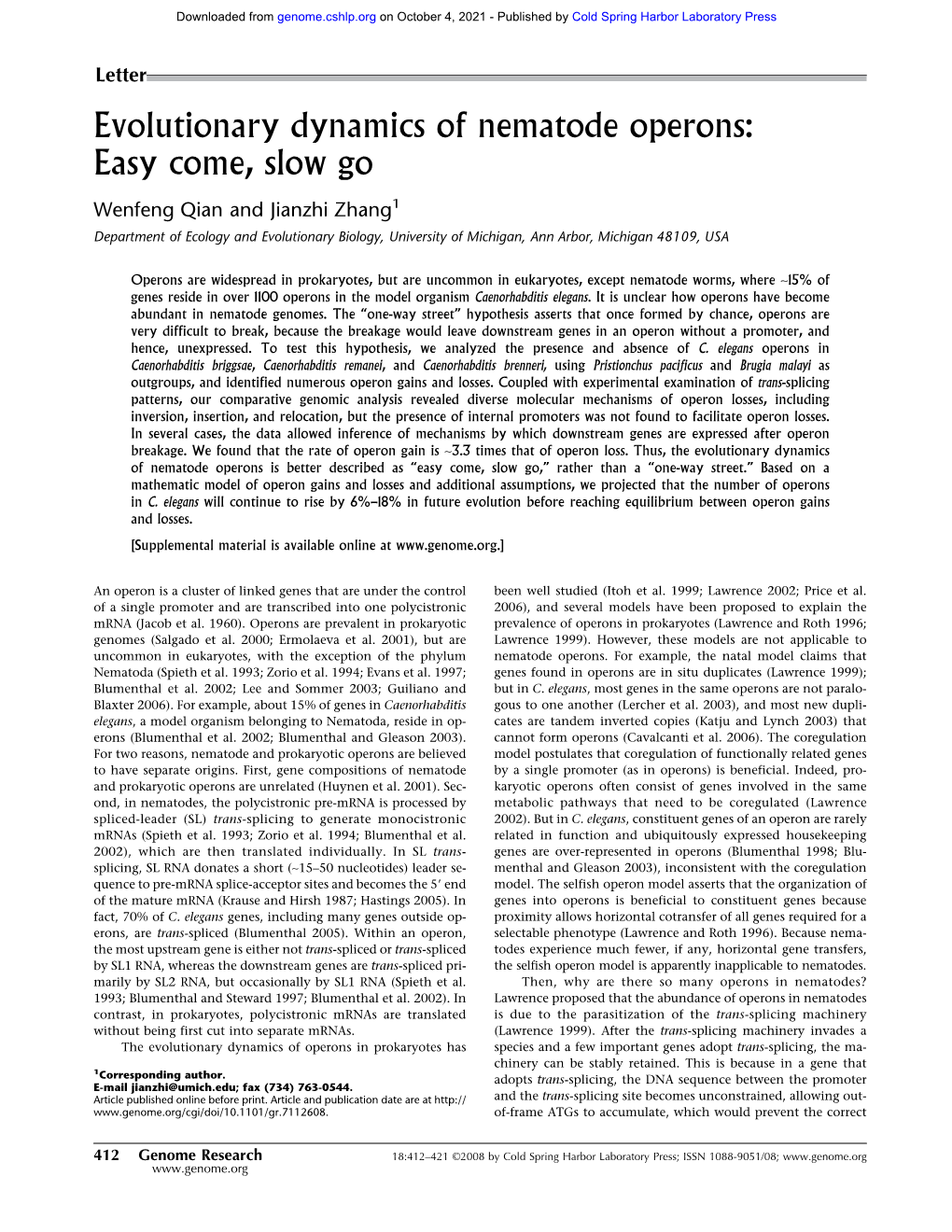 Evolutionary Dynamics of Nematode Operons: Easy Come, Slow Go