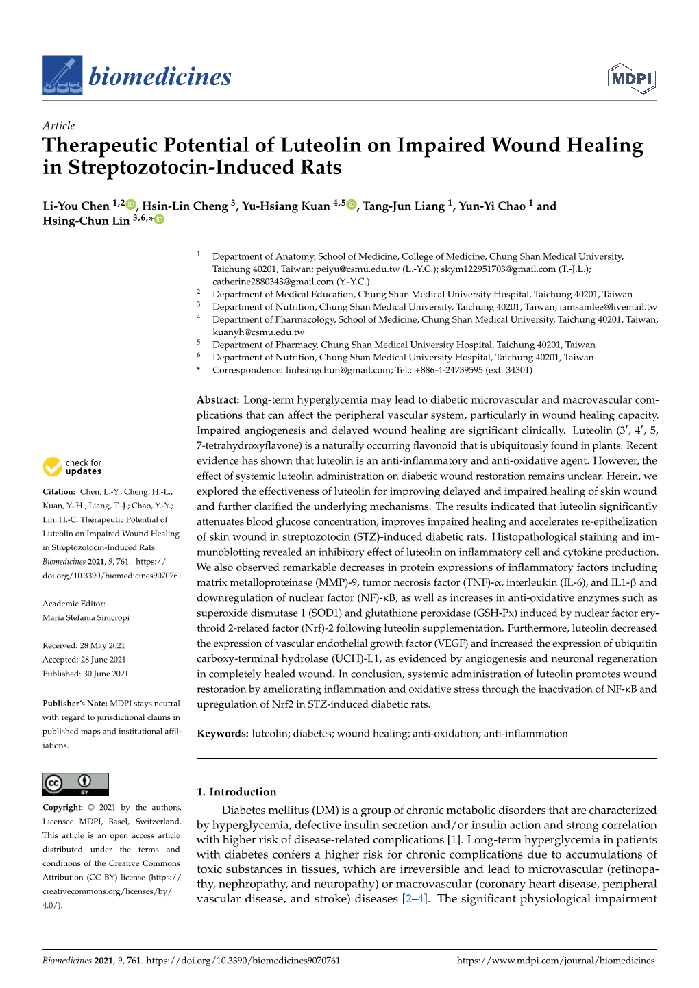 Therapeutic Potential of Luteolin on Impaired Wound Healing in Streptozotocin-Induced Rats