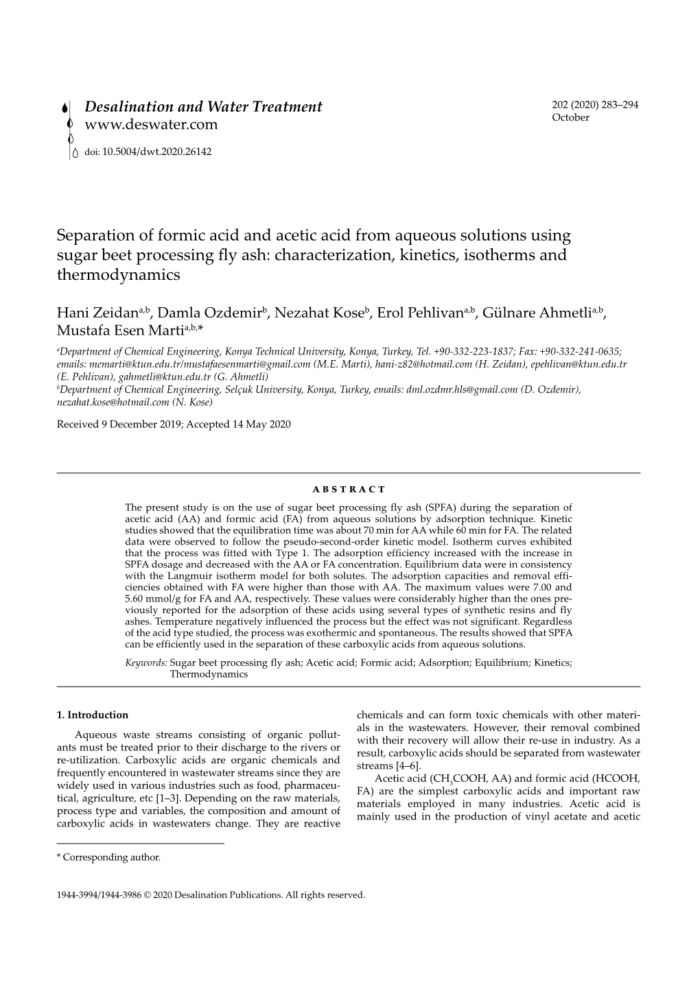 Separation of Formic Acid and Acetic Acid from Aqueous Solutions Using Sugar Beet Processing Fly Ash: Characterization, Kinetics, Isotherms and Thermodynamics