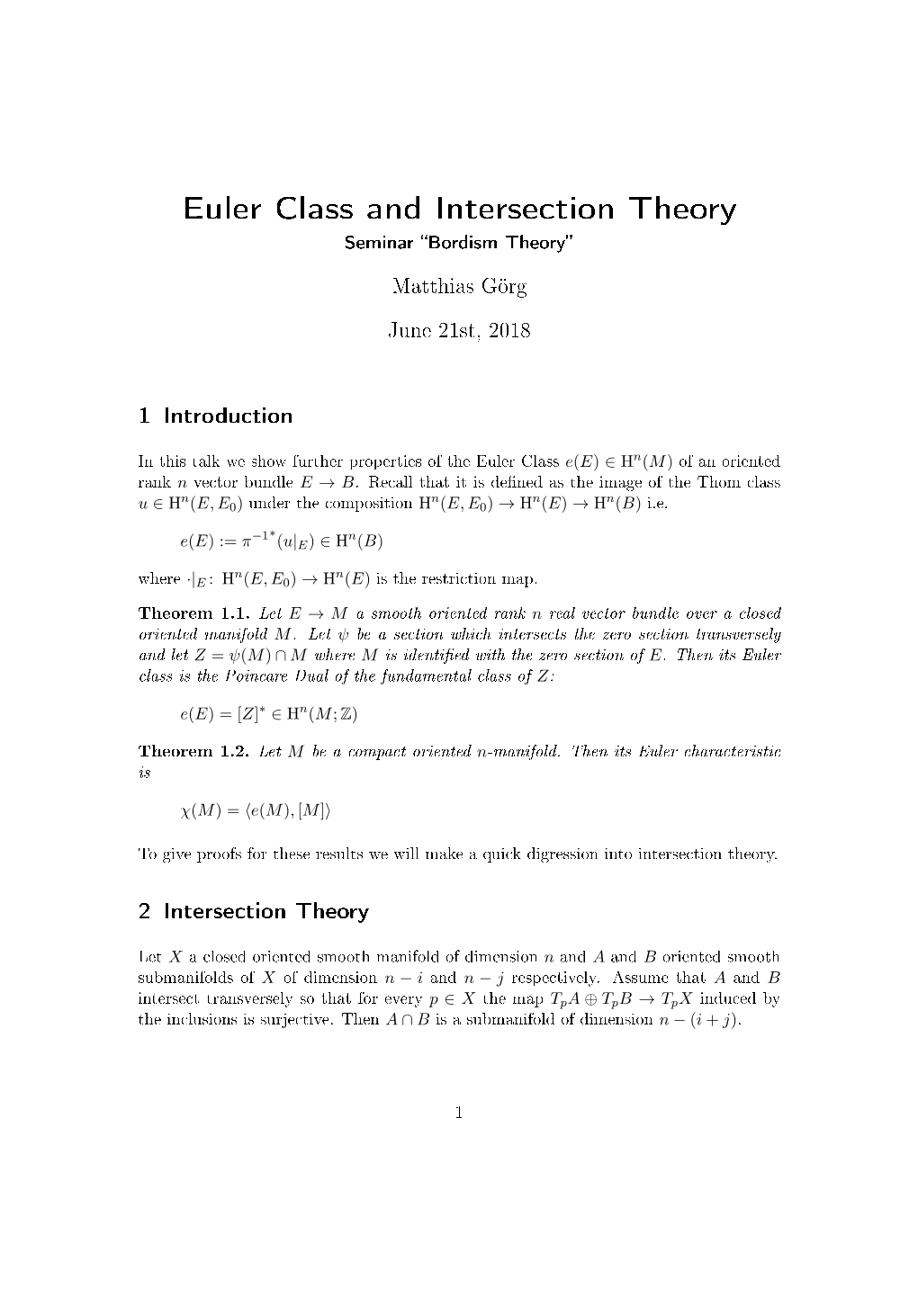 Euler Class and Intersection Theory Seminar Bordism Theory