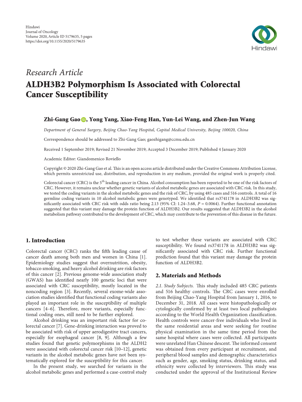 ALDH3B2 Polymorphism Is Associated with Colorectal Cancer Susceptibility