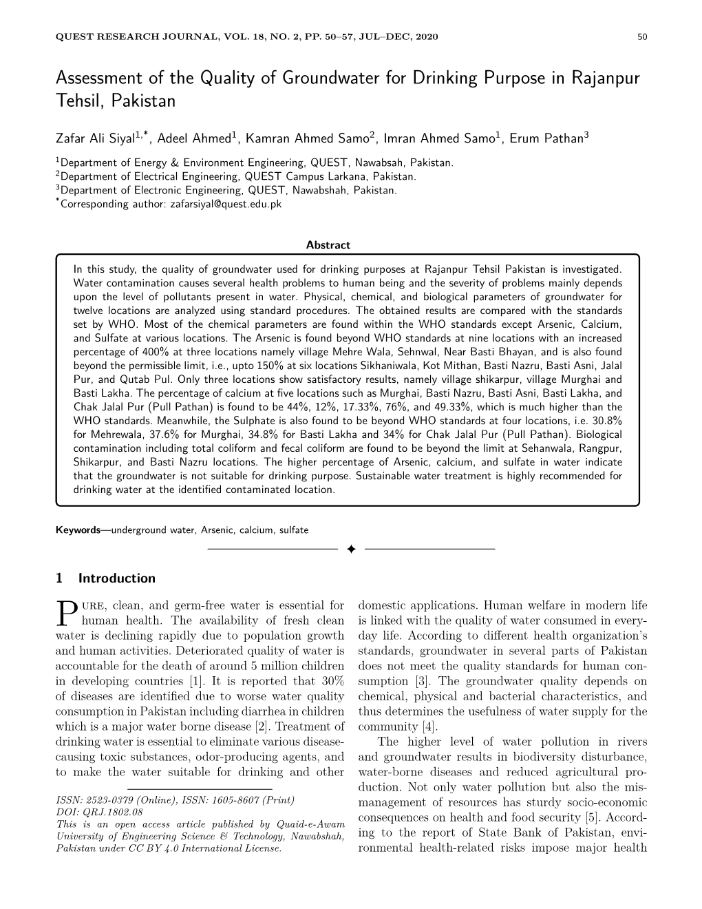 Assessment of the Quality of Groundwater for Drinking Purpose in Rajanpur Tehsil, Pakistan