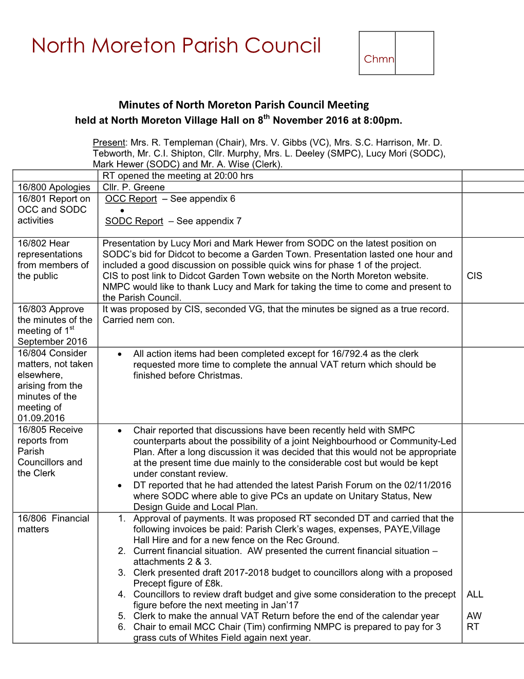 North Moreton Parish Council Chmn