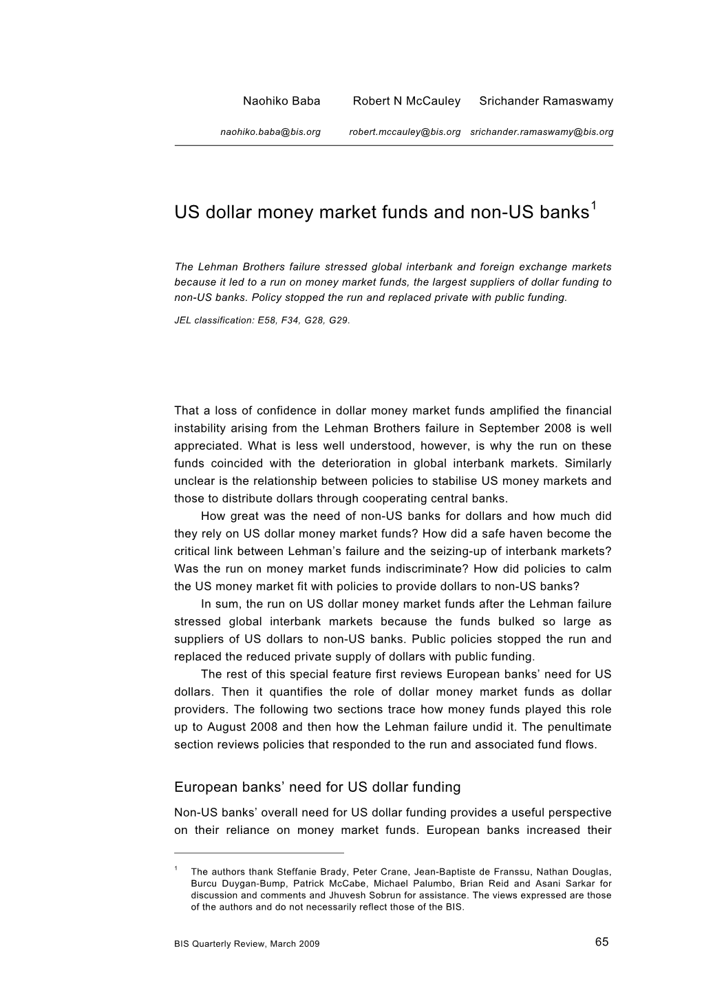 US Dollar Money Market Funds and Non-US Banks1