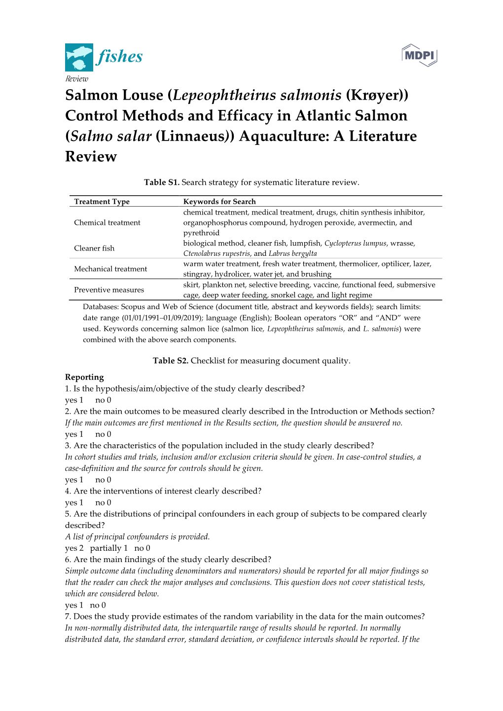 Salmon Louse (Lepeophtheirus Salmonis (Krøyer)) Control Methods and Efficacy in Atlantic Salmon (Salmo Salar (Linnaeus)) Aquaculture: a Literature Review