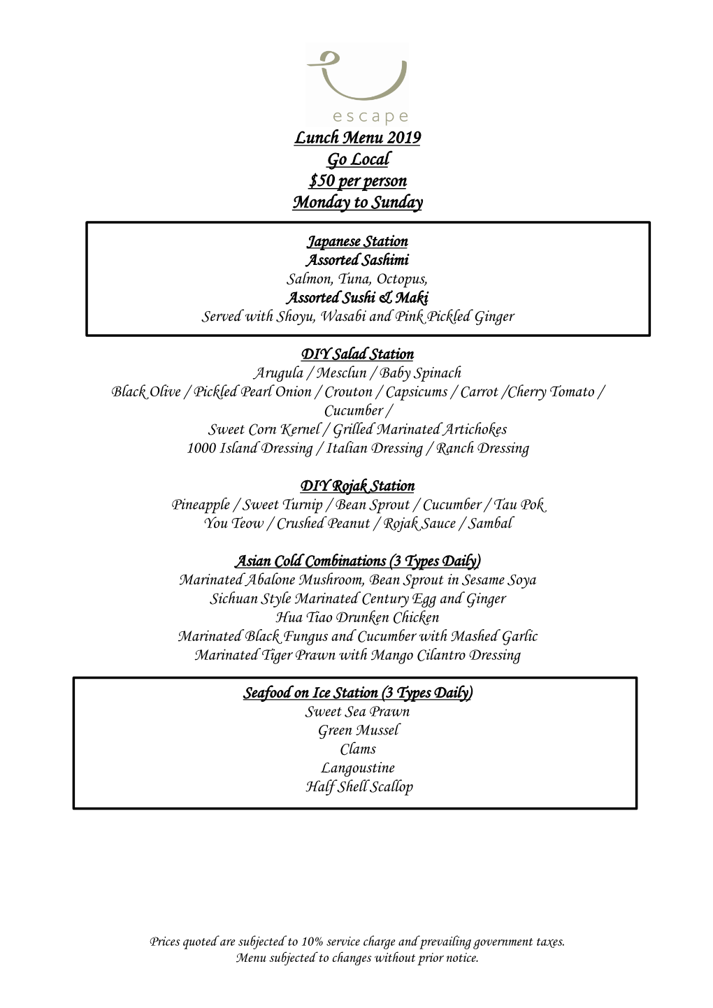 Lunch Menu 2019 Go Local $50 Per Person Monday to Sunday