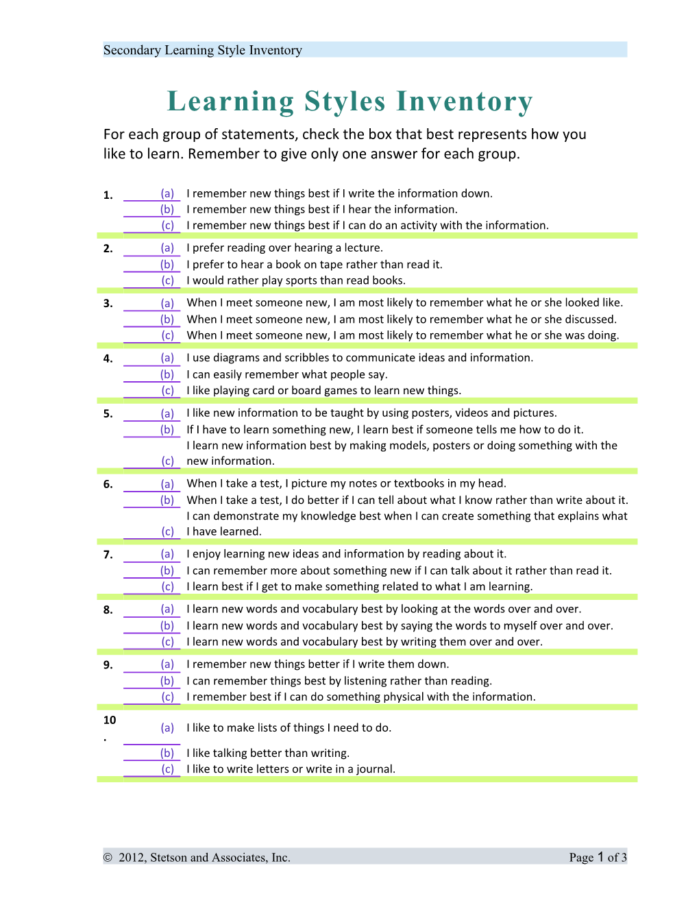 Secondary Learning Style Inventory