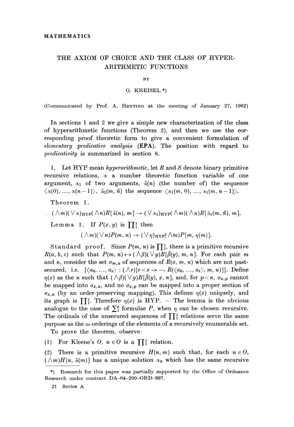 The Axiom of Choice and the Class of Hyperarithmetic Functions