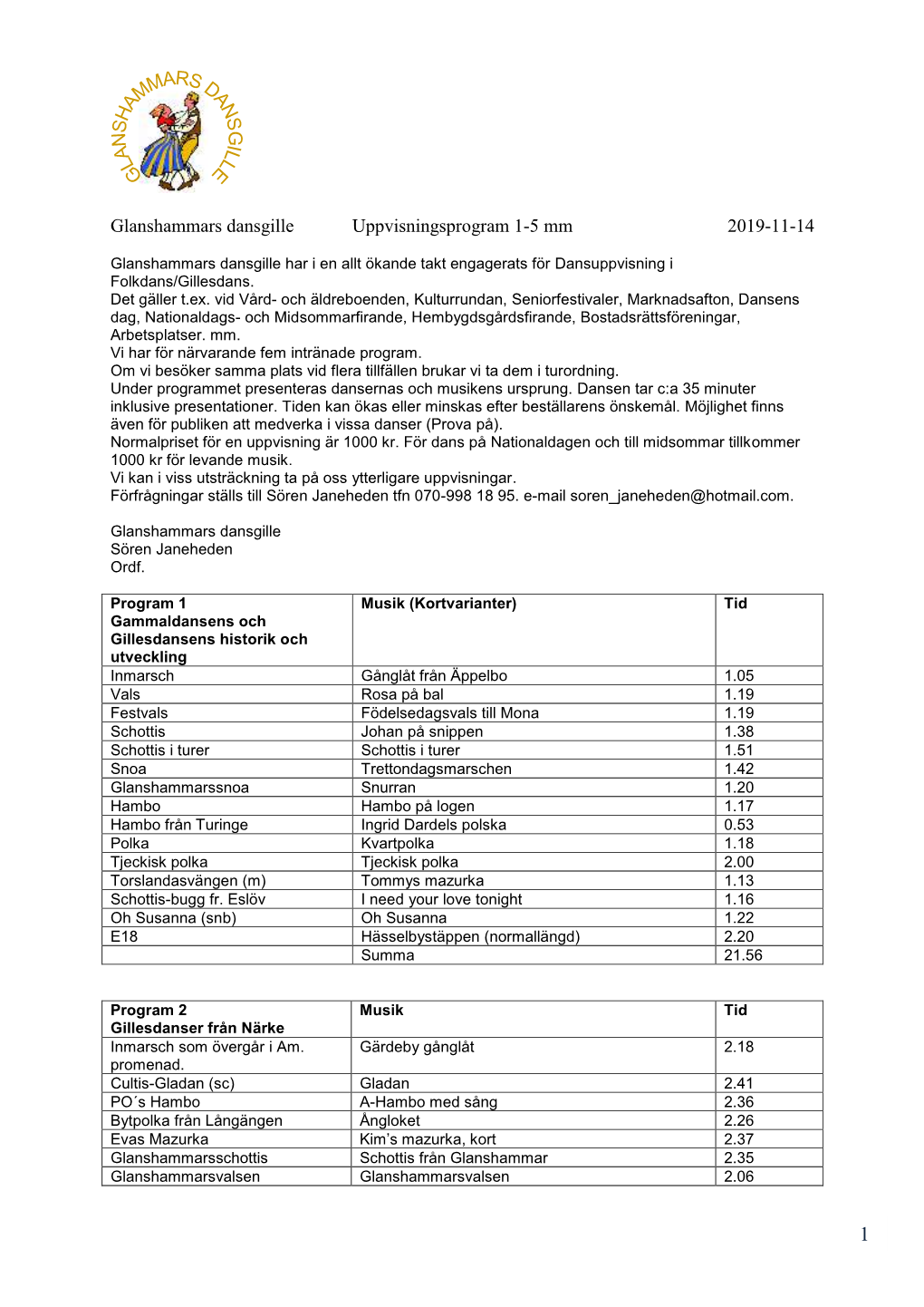 Glanshammars Dansgille Uppvisningsprogram 1-5 Mm 2019-11-14