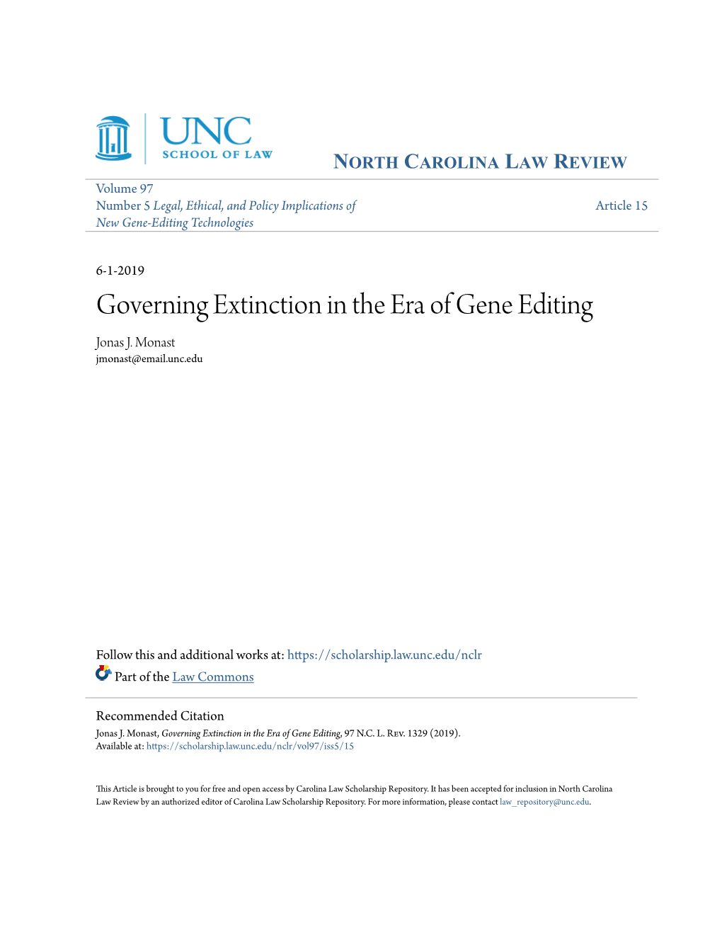 Governing Extinction in the Era of Gene Editing Jonas J