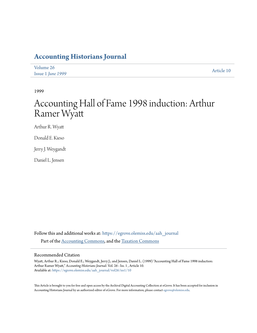 Accounting Hall of Fame 1998 Induction: Arthur Ramer Wyatt Arthur R