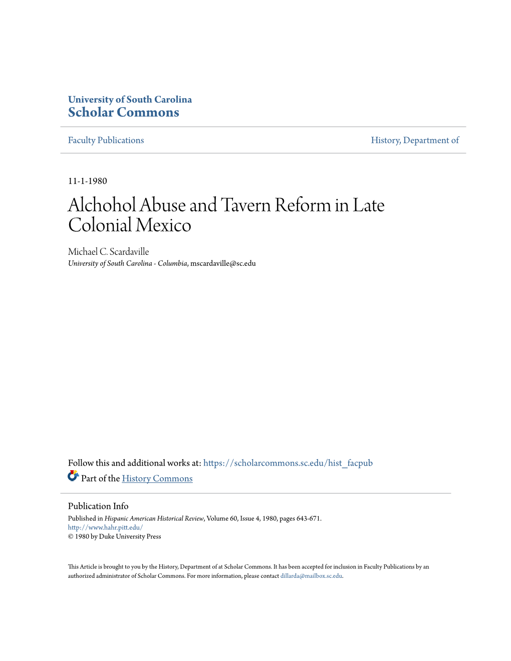 Alchohol Abuse and Tavern Reform in Late Colonial Mexico Michael C