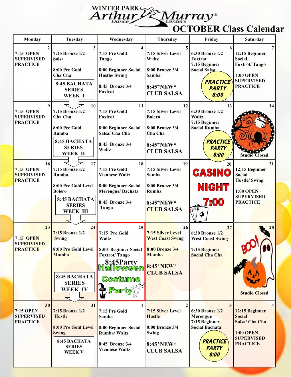 OCTOBER Class Calendar