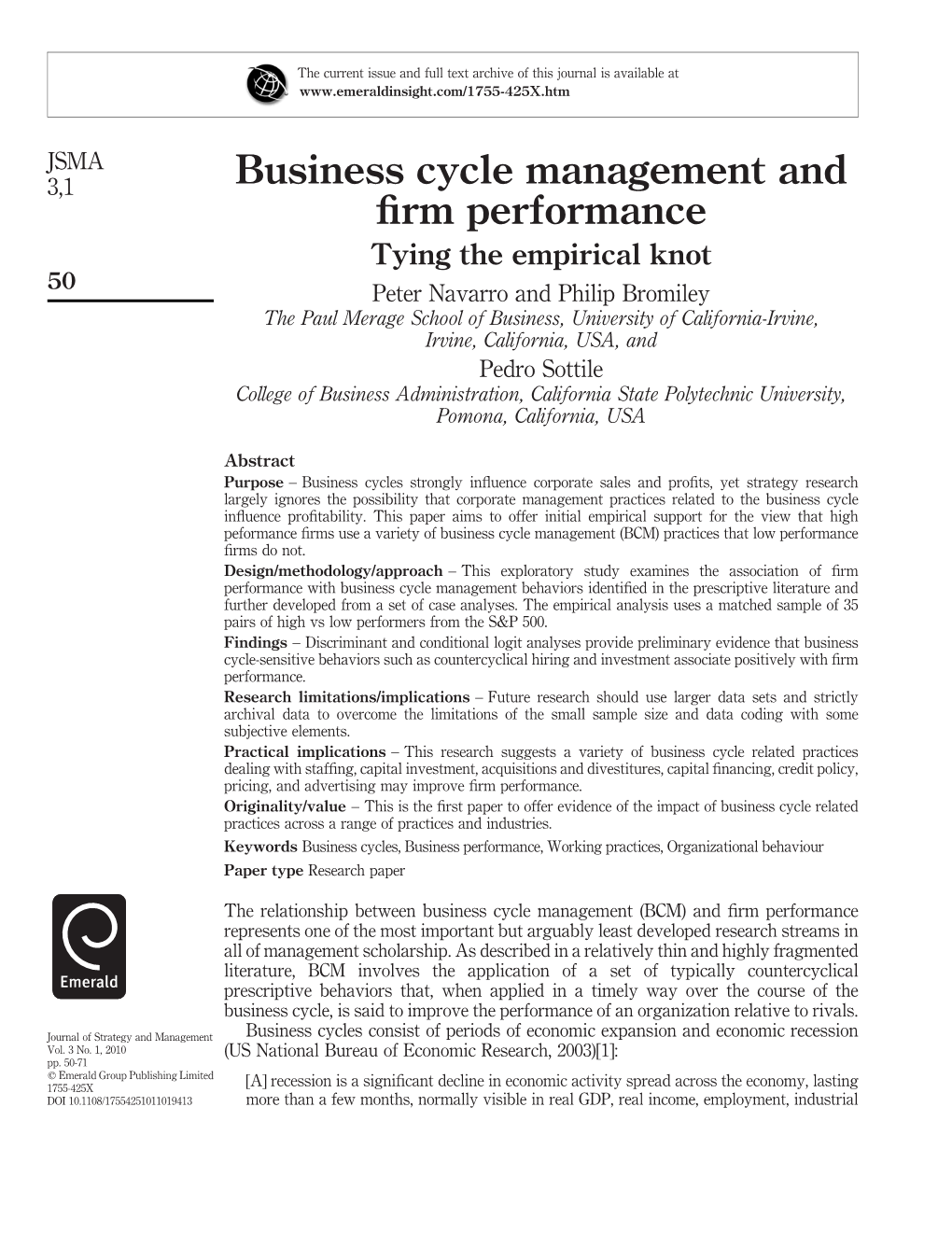 Business Cycle Management and Firm Performance