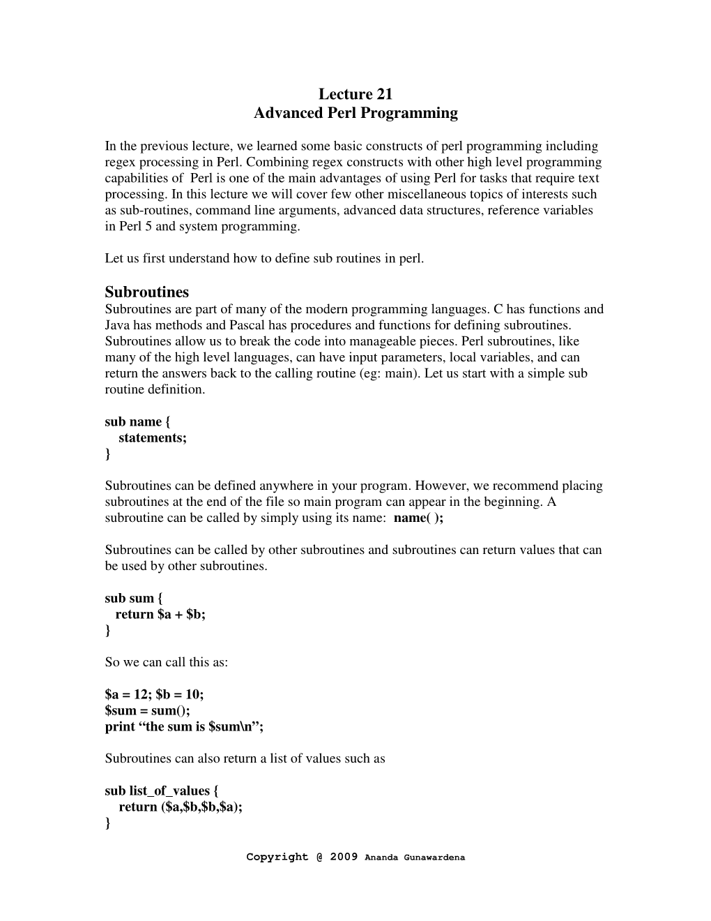 Lecture 21 Advanced Perl Programming Subroutines