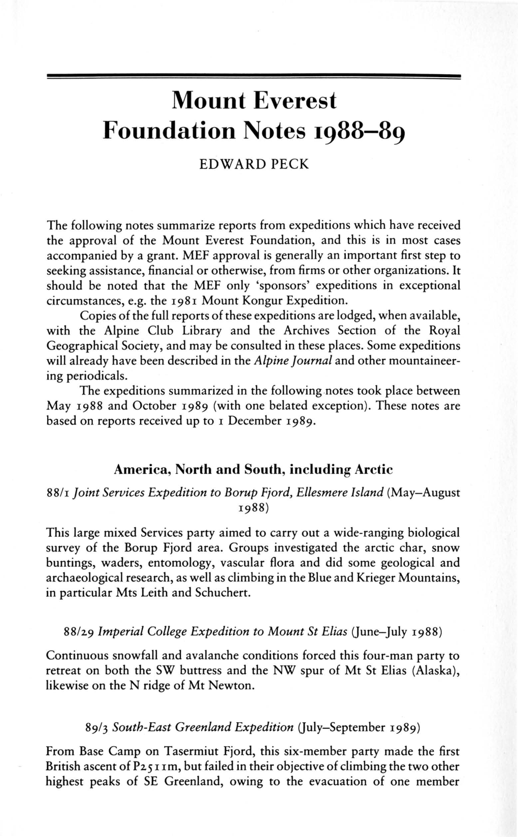 Mount Everest Foundation Notes 1988-89 Edward Peck