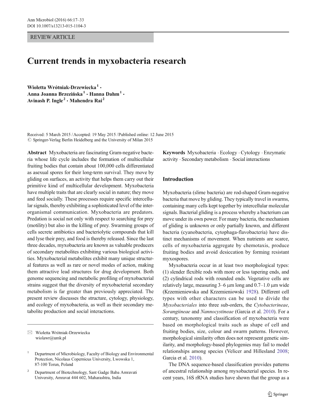 Current Trends in Myxobacteria Research