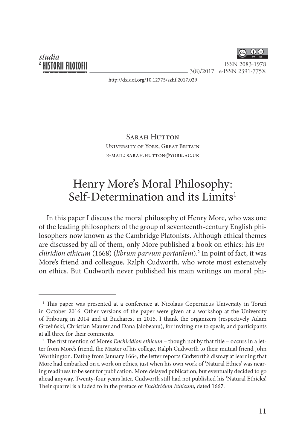 Henry More's Moral Philosophy: Self-Determination and Its Limits1