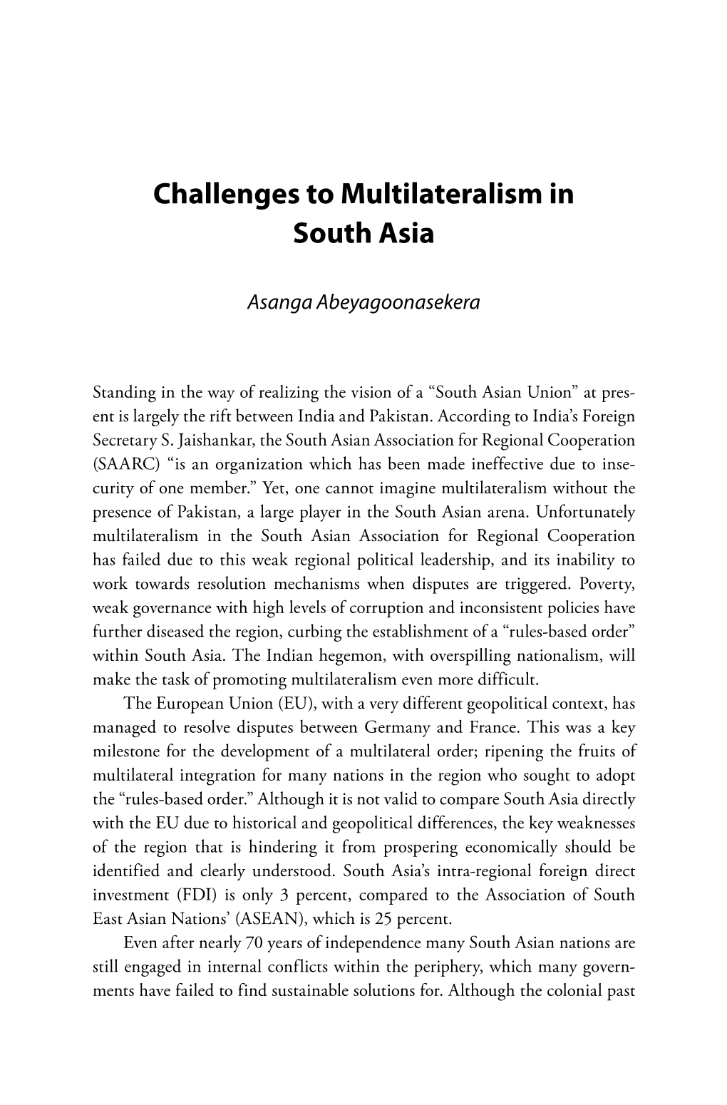 Challenges to Multilateralism in South Asia