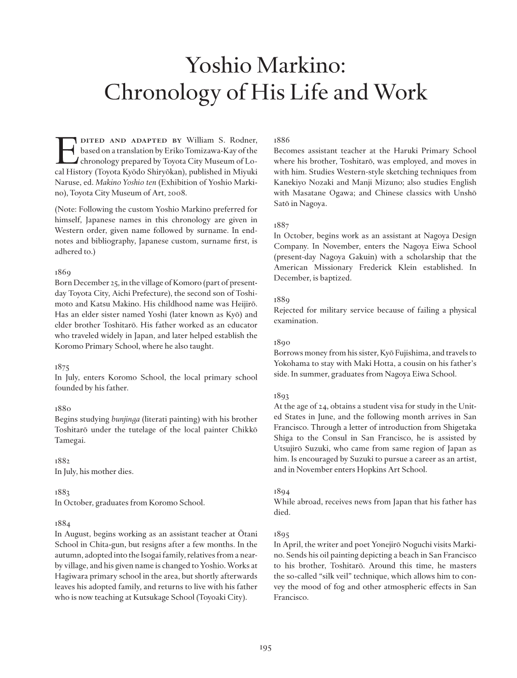 Yoshio Markino: Chronology of His Life and Work