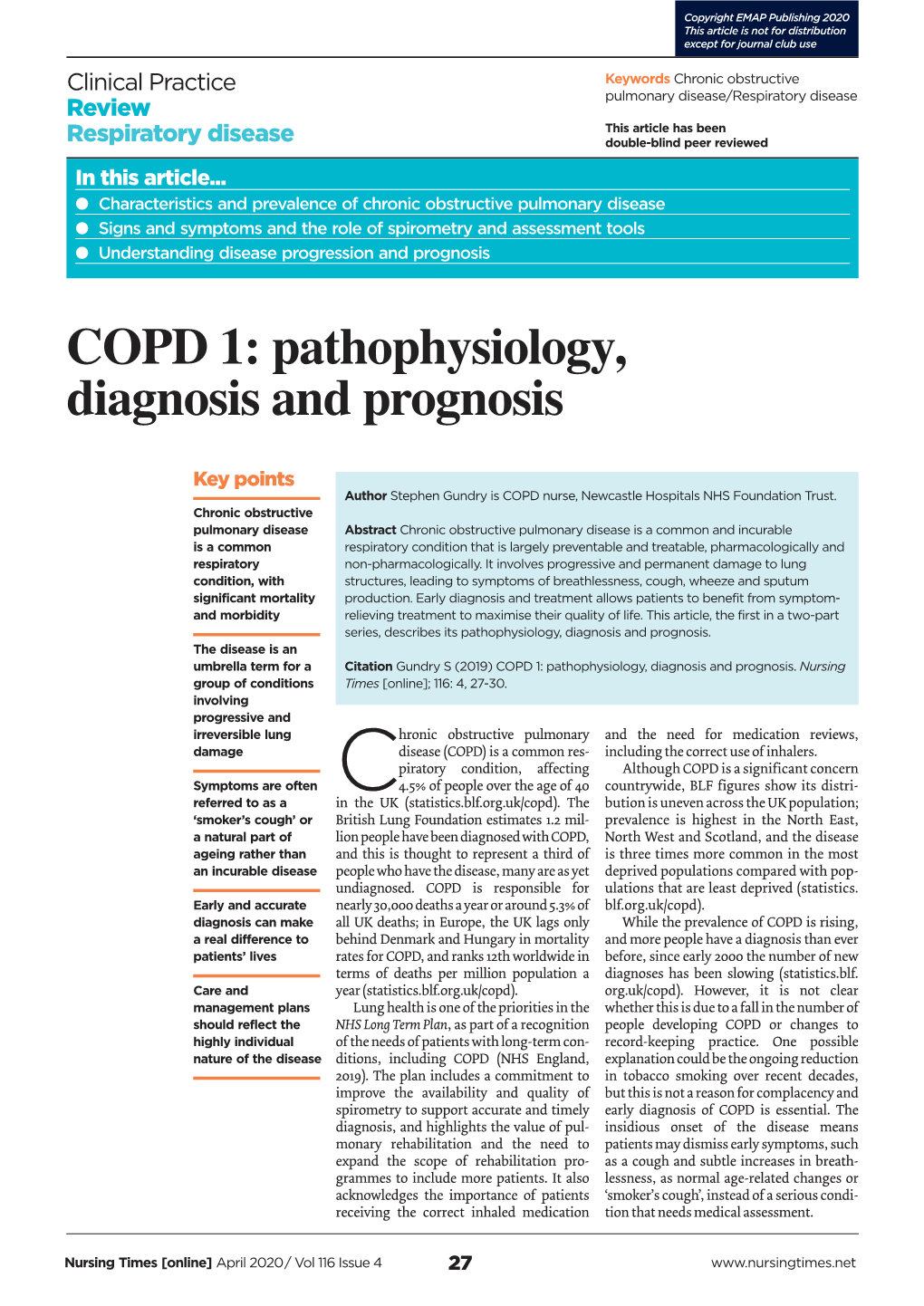 COPD 1: Pathophysiology, Diagnosis and Prognosis