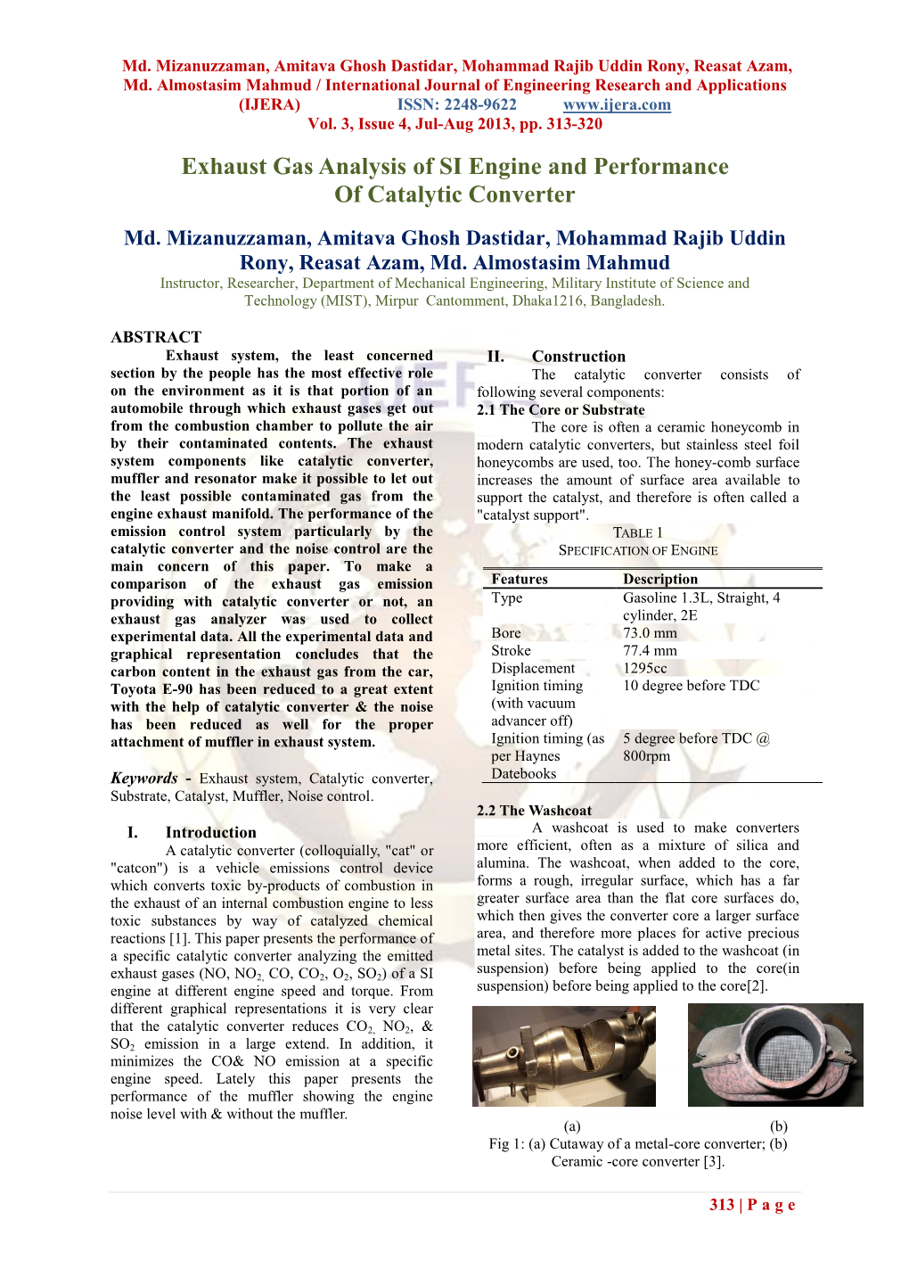 Exhaust Gas Analysis of SI Engine and Performance of Catalytic Converter