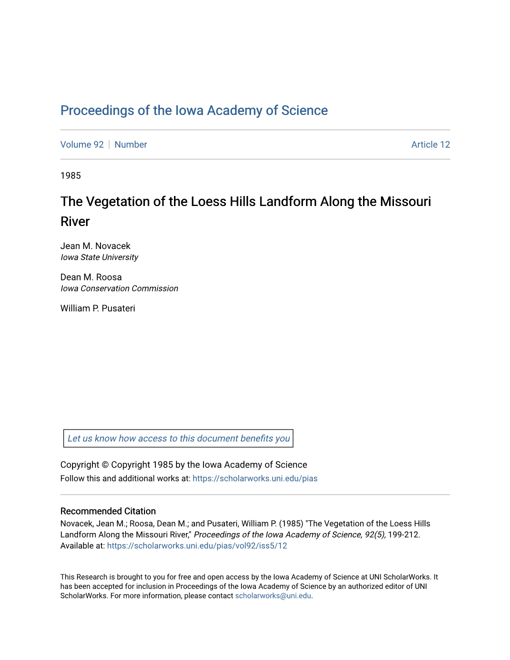 The Vegetation of the Loess Hills Landform Along the Missouri River