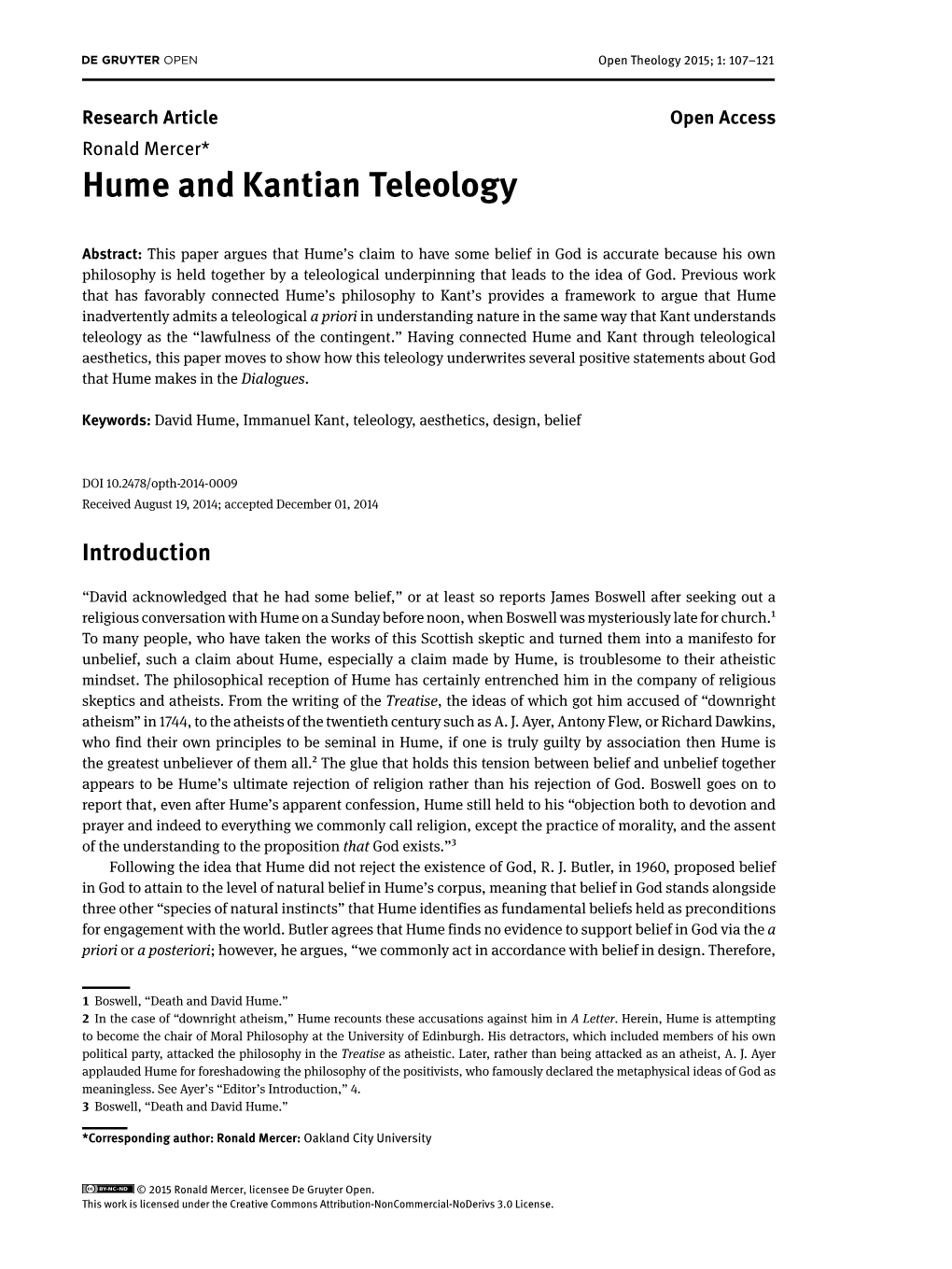 Hume and Kantian Teleology