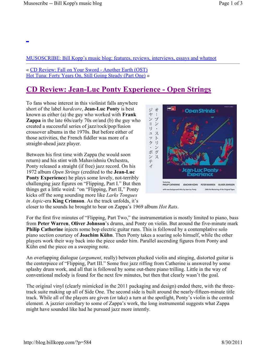 CD Review: Jean-Luc Ponty Experience - Open Strings