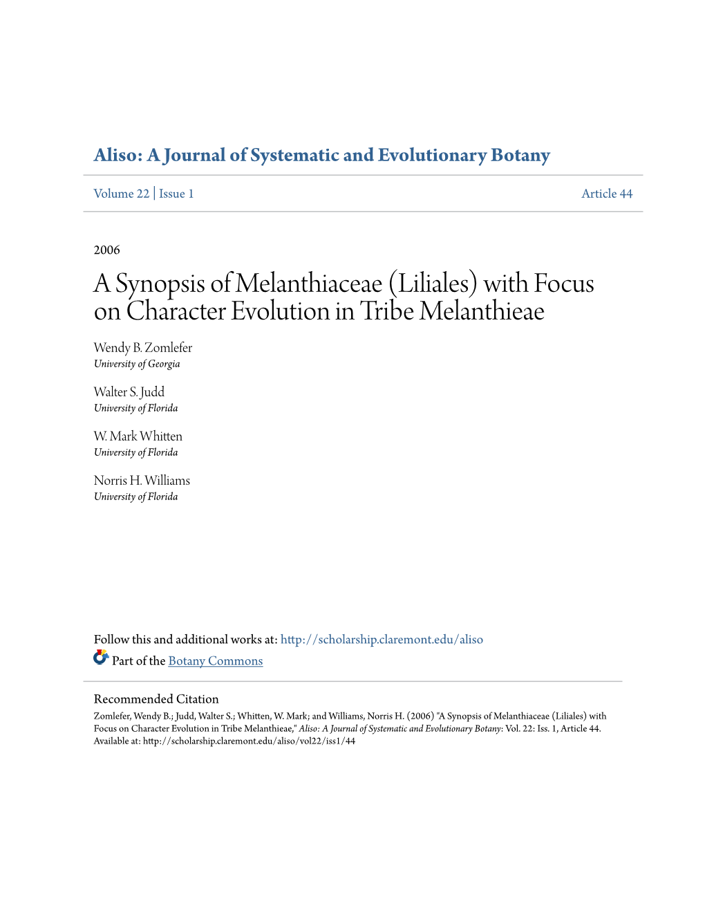 A Synopsis of Melanthiaceae (Liliales) with Focus on Character Evolution in Tribe Melanthieae Wendy B