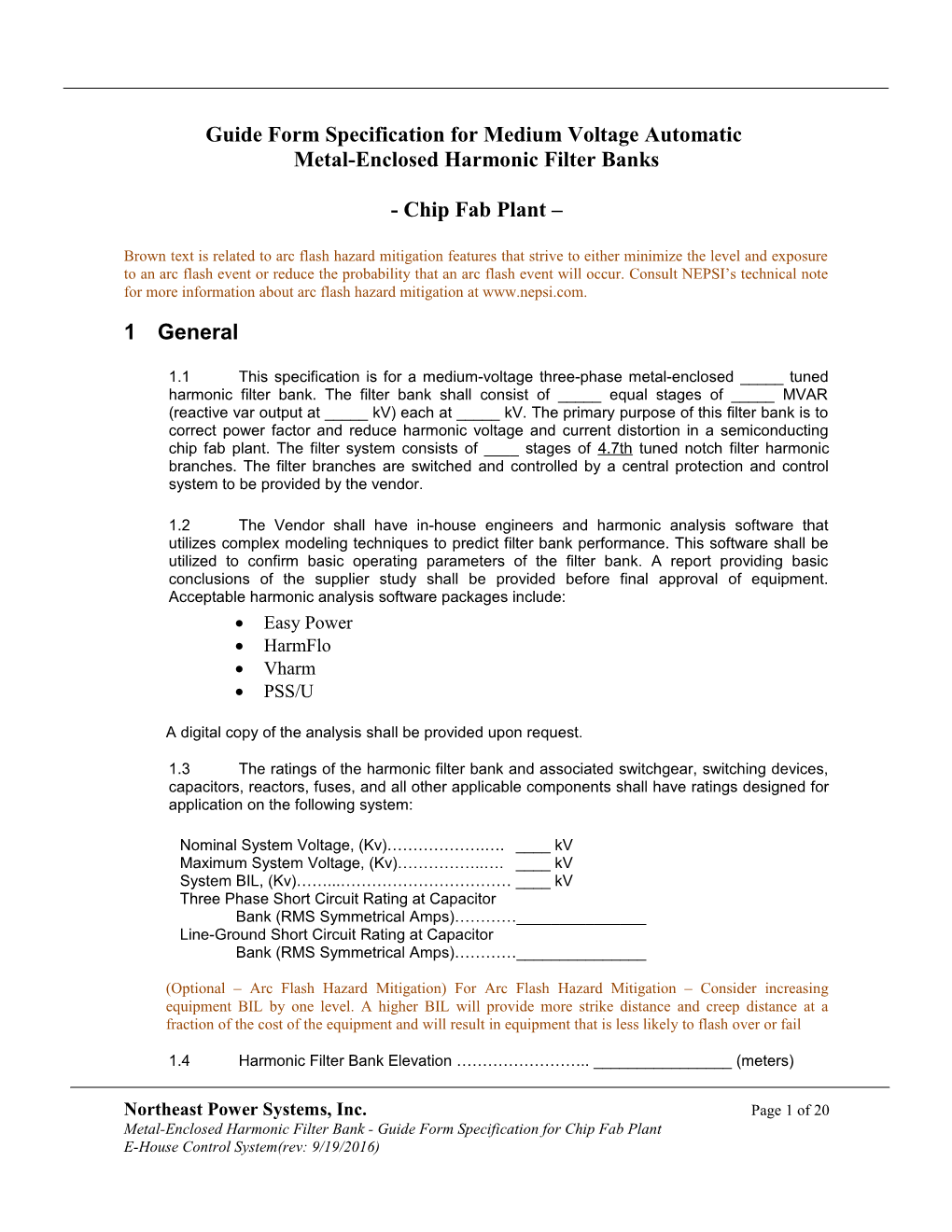 Guide Form Specification for Metal-Enclosed Automatic Harmonic Filter Banks