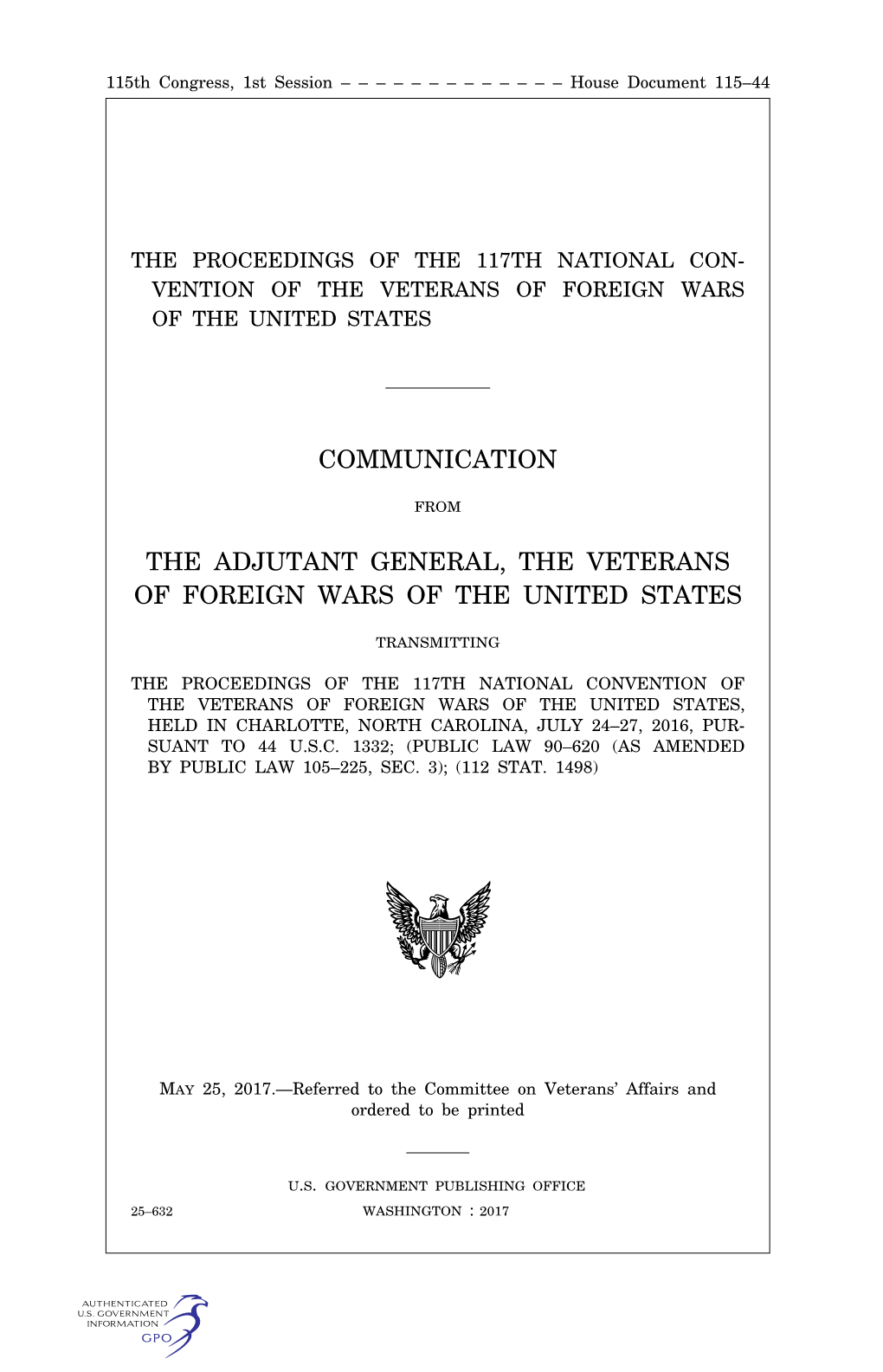 Communication the Adjutant General, the Veterans Of