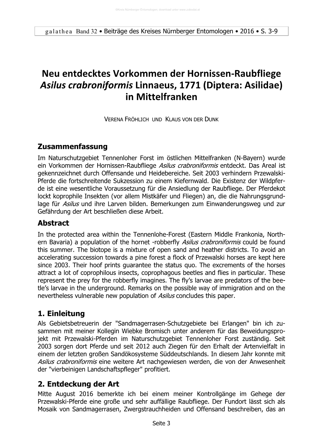 Neu Entdecktes Vorkommen Der Hornissen-Raubfliege Asilus Crabroniformis Linnaeus, 1771 (Diptera: Asilidae) in Mittelfranken