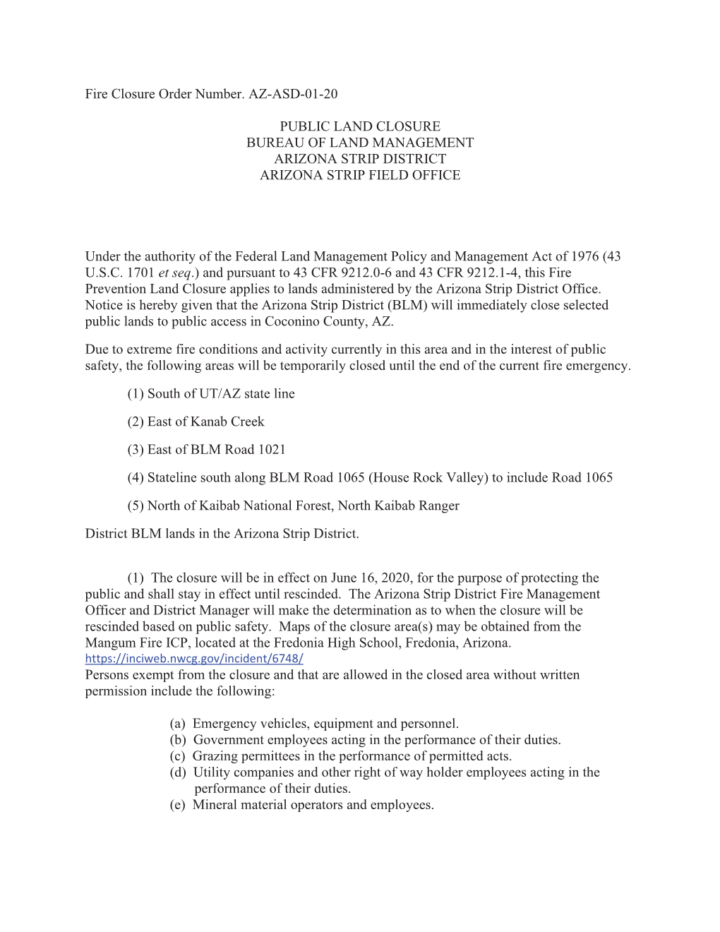 Public Land Closure Arizona Strip District AZ-ASD-01-20