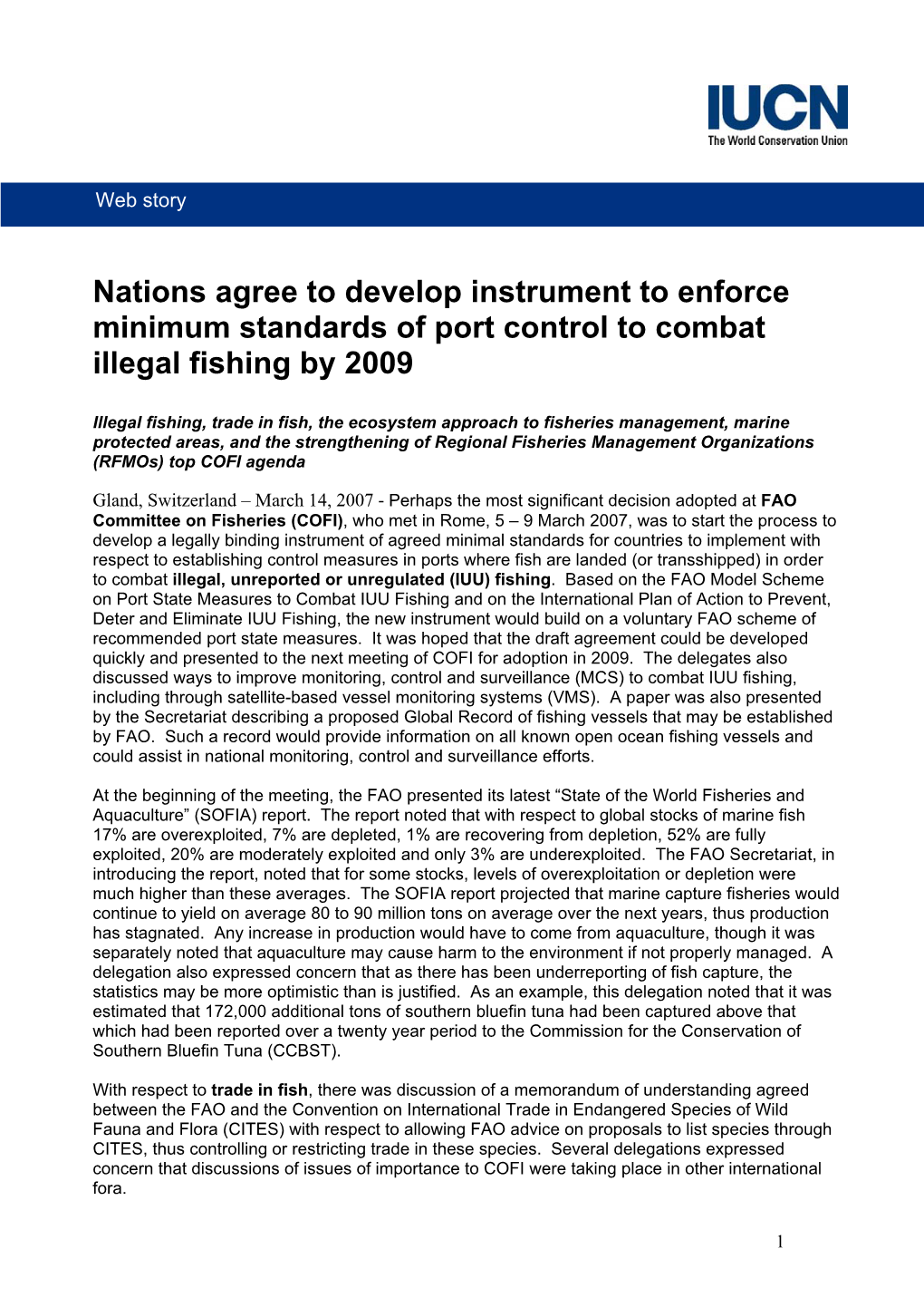 Nations Agree to Develop Instrument to Enforce Minimum Standards of Port Control to Combat Illegal Fishing by 2009