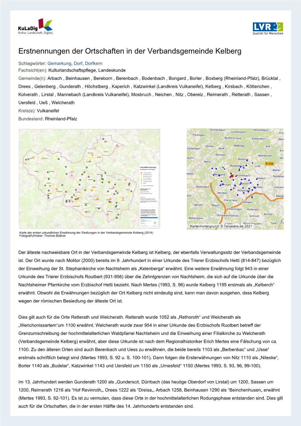 Erstnennungen Der Ortschaften in Der Verbandsgemeinde Kelberg