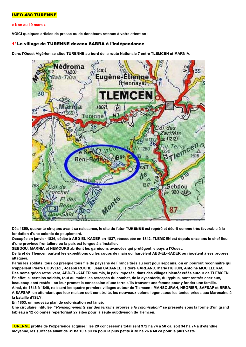 Le Village De TURENNE Devenu SABRA À L'indépendance