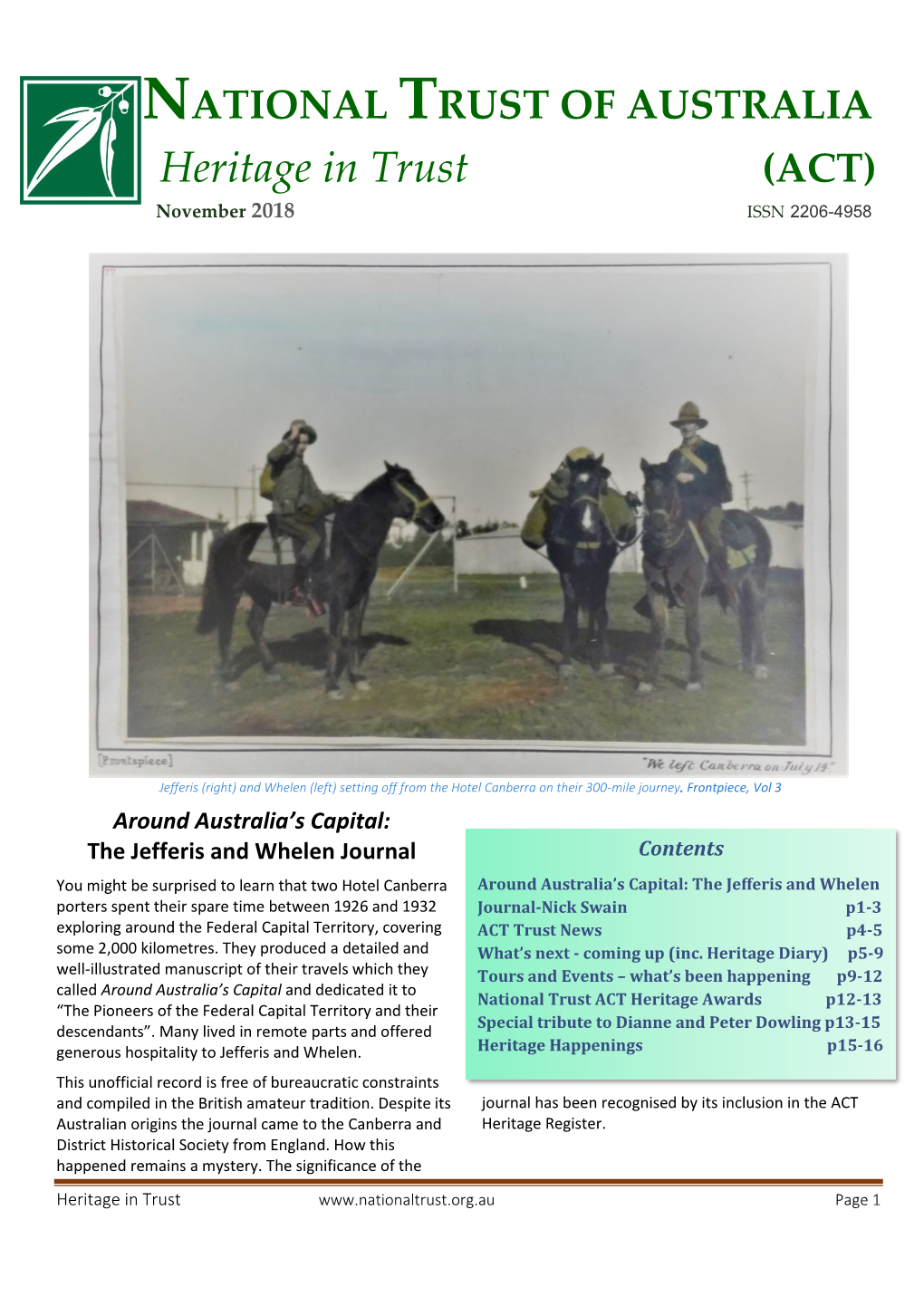 NATIONAL TRUST of AUSTRALIA Heritage in Trust (ACT) November 2018 ISSN 2206-4958