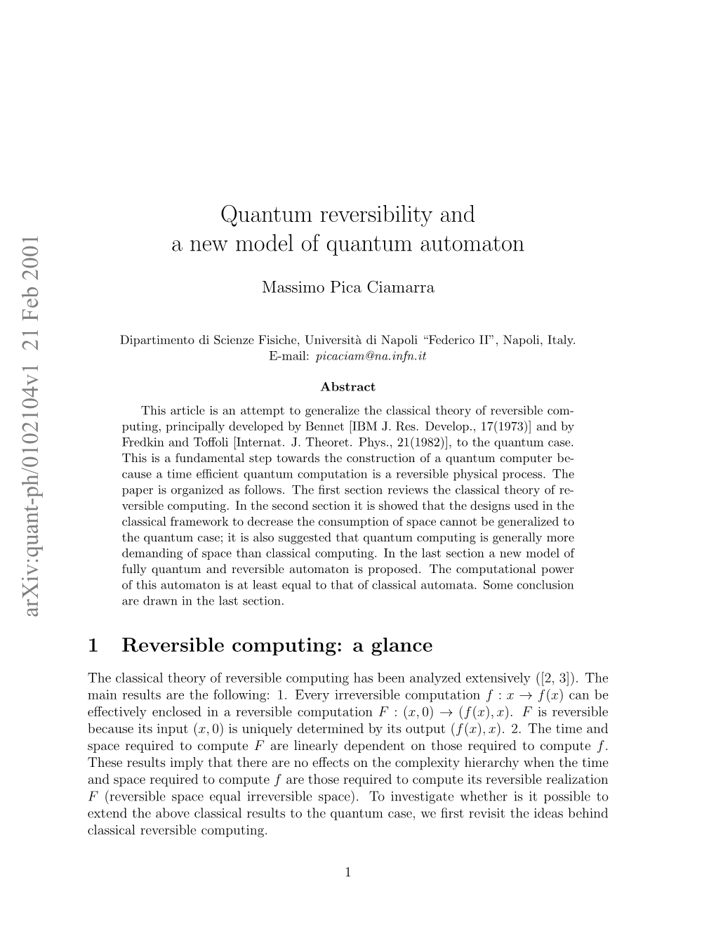 Quantum Reversibility and a New Model of Quantum Automaton