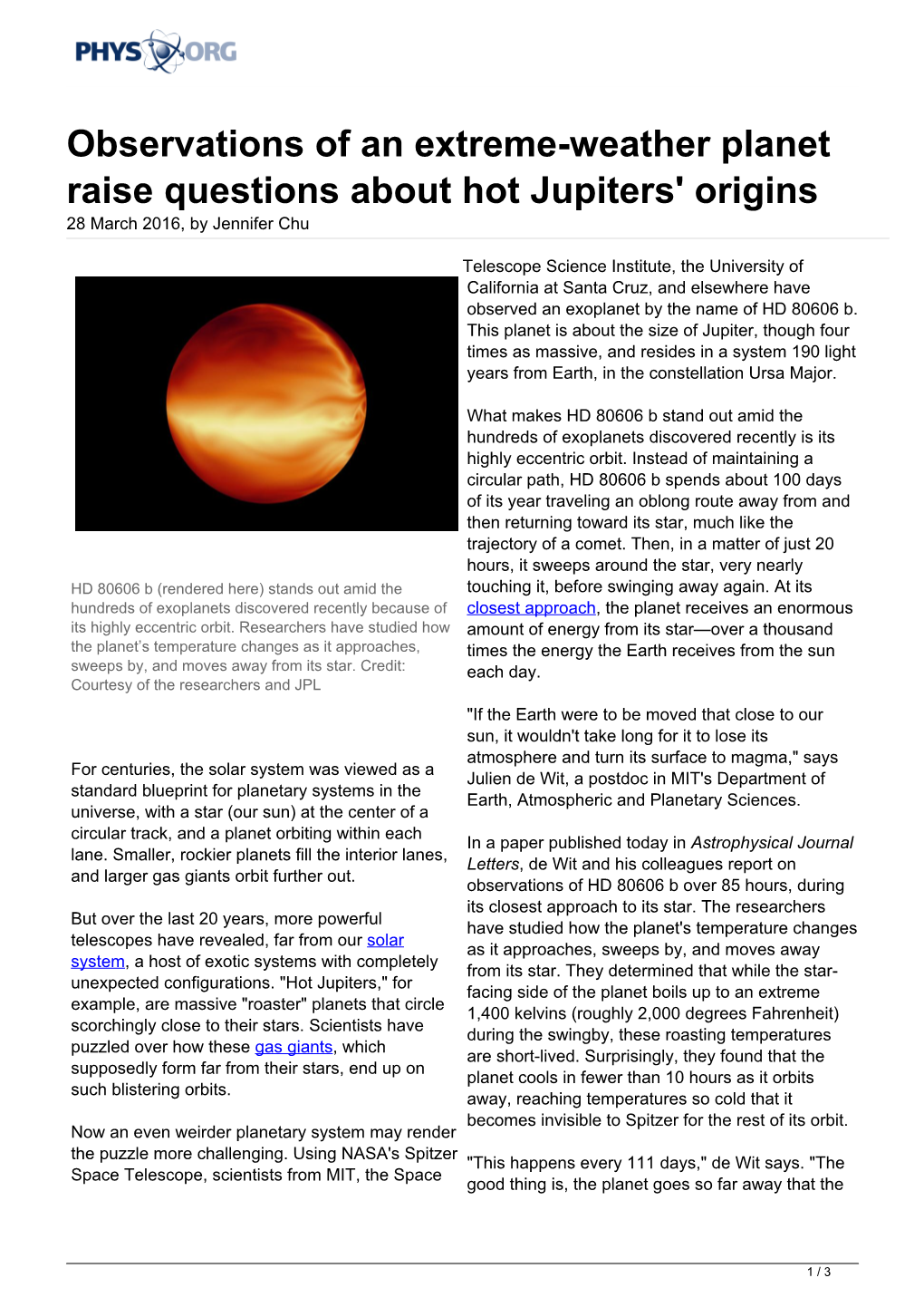 Observations of an Extreme-Weather Planet Raise Questions About Hot Jupiters' Origins 28 March 2016, by Jennifer Chu