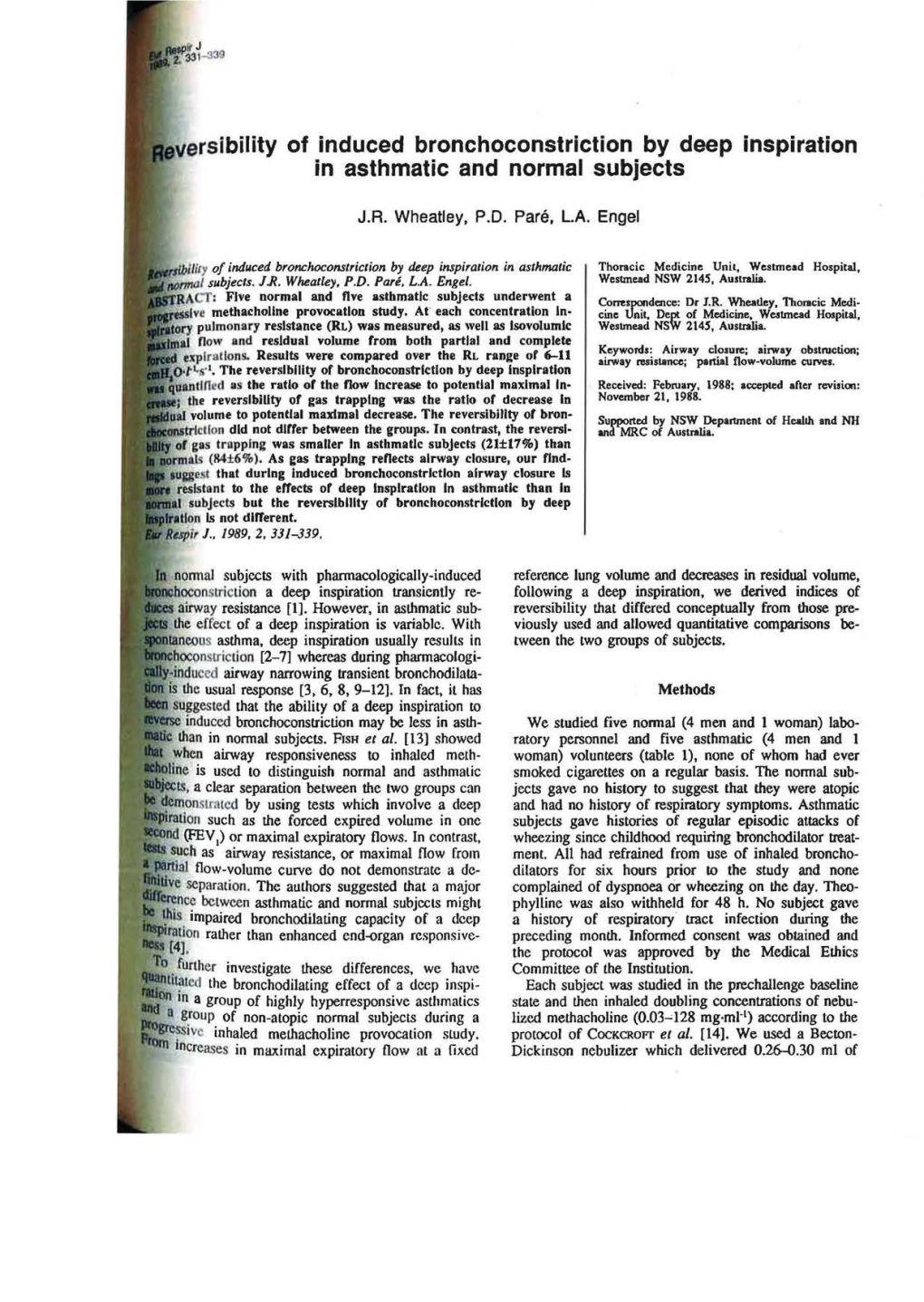 Rsibility of Induced Bronchoconstriction by Deep Inspiration in Asthmatic and Normal Subjects