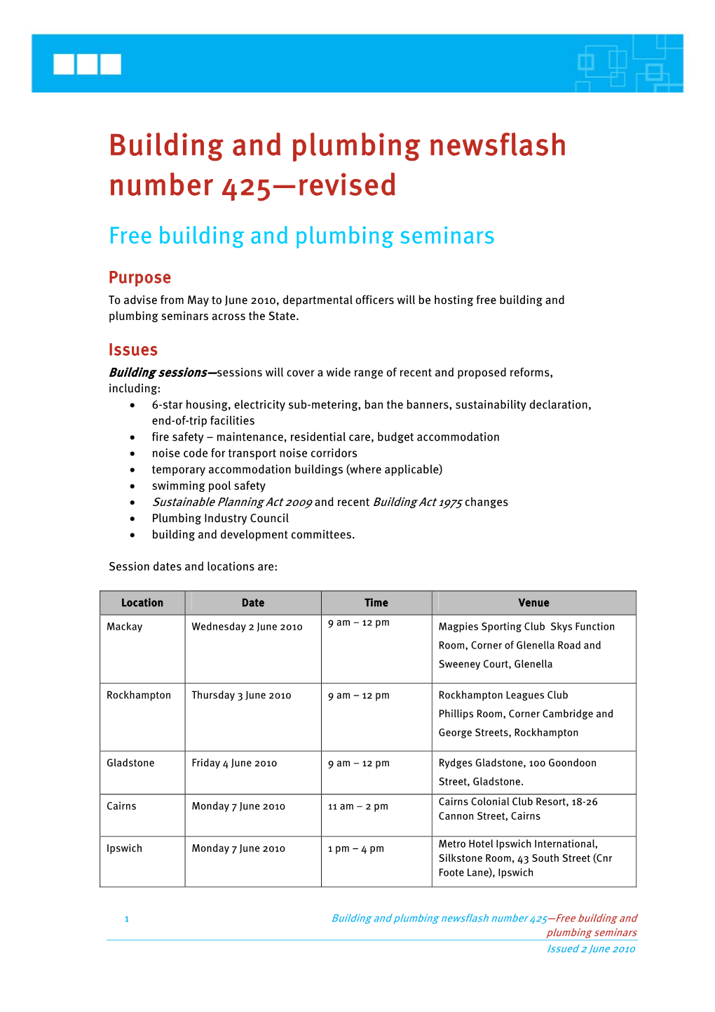 Building and Plumbing Newsflash Number 425—Revised Free Building and Plumbing Seminars