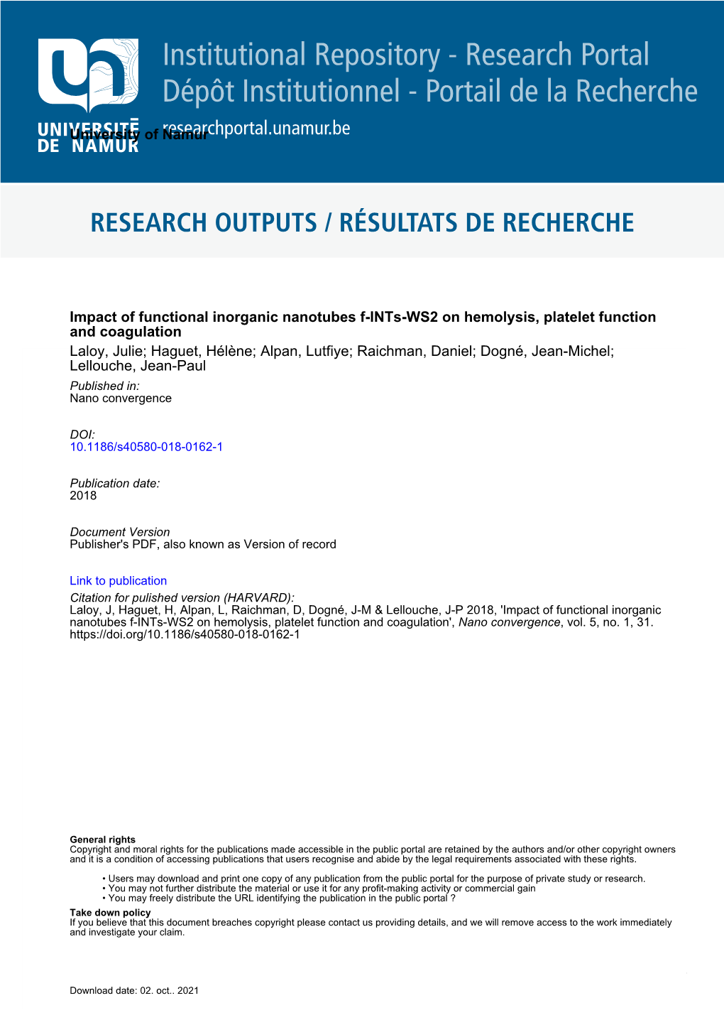 Document Date Version - Date De Publication : Publisher's PDF, Also Known As Version of Record