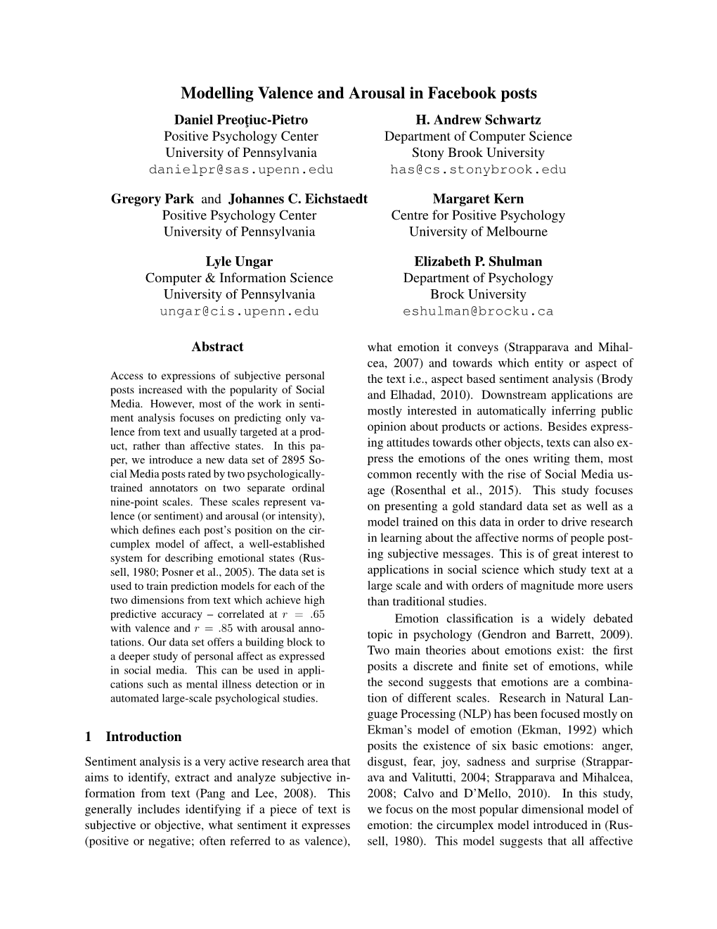 Modelling Valence and Arousal in Facebook Posts Daniel Preot¸Iuc-Pietro H