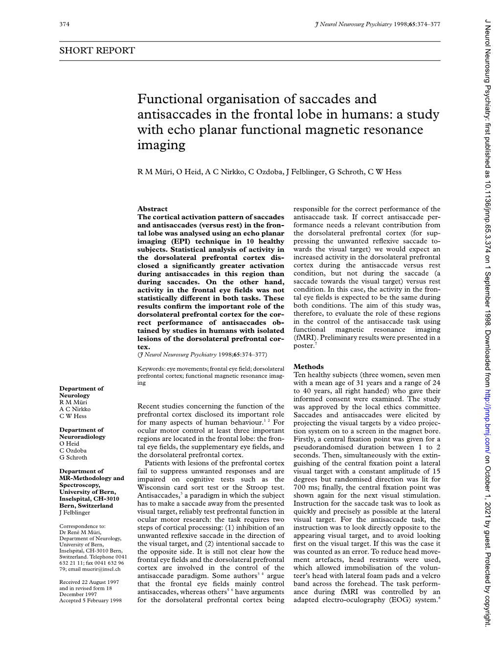 Functional Organisation of Saccades and Antisaccades in the Frontal Lobe in Humans: a Study with Echo Planar Functional Magnetic Resonance Imaging