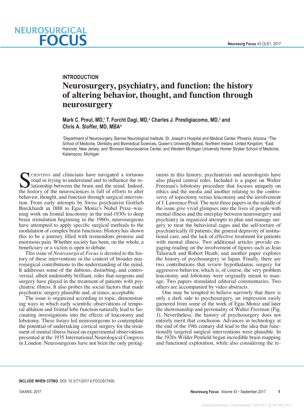 Introduction. Neurosurgery, Psychiatry, and Function: the History