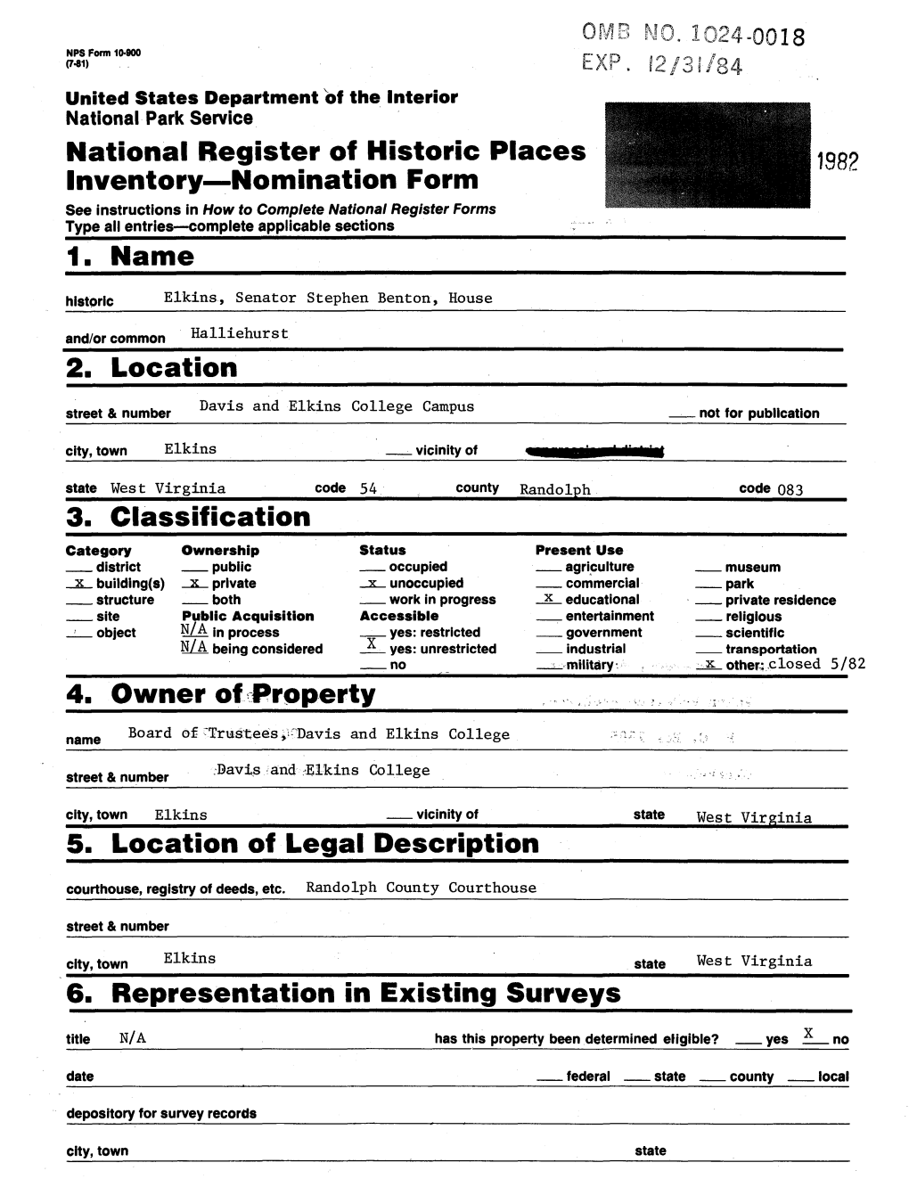 National Register Off Historic Places Inventory Nomination Form 1