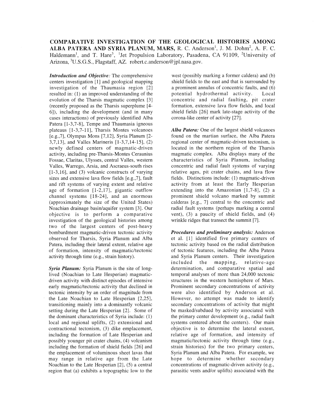 Comparative Investigation of the Geological Histories Among Alba Patera and Syria Planum, Mars, R